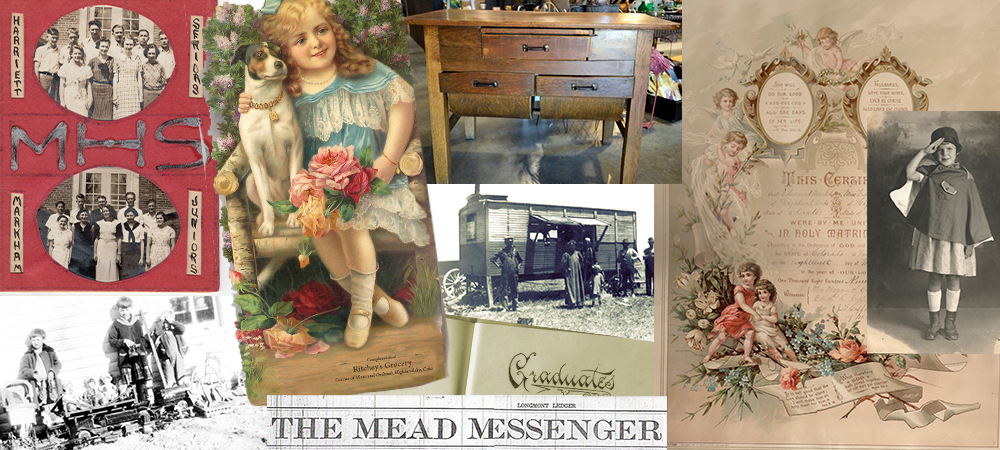 Hero for the archives giving page. A collage of assoted photos and paper items in our archives.